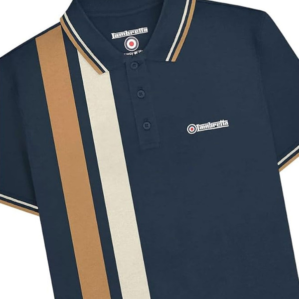 Close up of Lambretta Retro Vertical Stripe Twin Tipped Polo