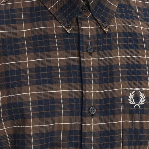 Fred Perry Button Down Brushed Twill Tartan Check Shirt in Burnt Tobacco close up on Laurel Wreath Fred Perry Button Down Brushed Twill Tartan Check Shirt in Burnt Tobacco close up on Laurel Wreath