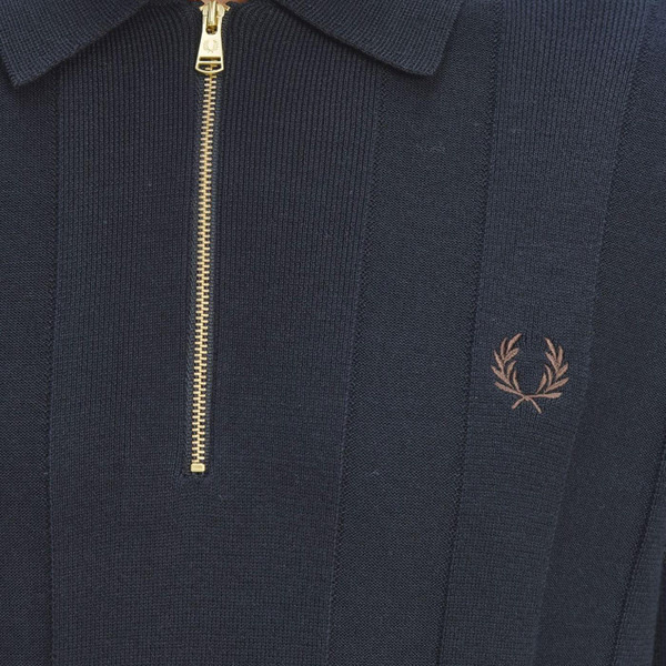 Fred Perry Tonal Stripe Quarter Zip Knitted Polo Shirt in Navy K1555 608 close up picture Fred Perry Tonal Stripe Quarter Zip Knitted Polo Shirt in Navy K1555 608 close up picture