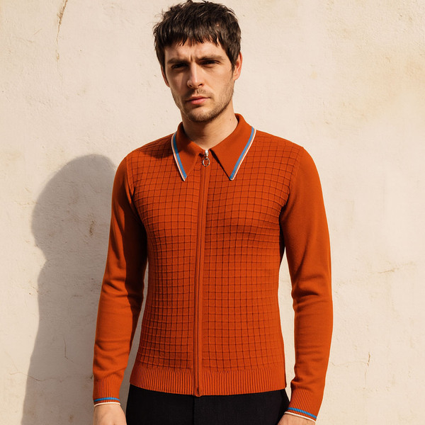 Madcap England Apollo Mod Grid Check Knitted Zip Polo Cardigan in Cinnamon Stick collar pictured on model Madcap England Apollo Mod Grid Check Knitted Zip Polo Cardigan in Cinnamon Stick collar pictured on model