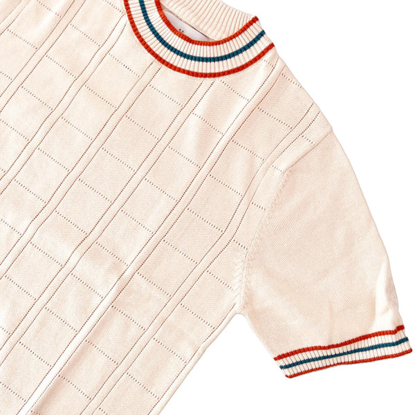 Madcap England Wilson Men's Mod Pointelle Knit T-shirt in Birch Close Up On Sleeve Madcap England Wilson Men's Mod Pointelle Knit T-shirt in Birch Close Up On Sleeve