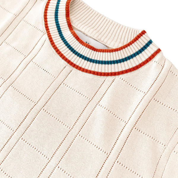 Madcap England Wilson Men's Mod Pointelle Knit T-shirt in birch close up on collar Madcap England Wilson Men's Mod Pointelle Knit T-shirt in birch close up on collar