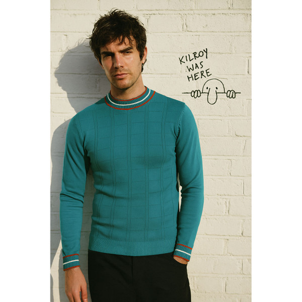 Madcap England Moore 60s Mod Pointelle Knit Mock Turtleneck Jumper in Gulf Coast pictured on model Madcap England Moore 60s Mod Pointelle Knit Mock Turtleneck Jumper in Gulf Coast pictured on model