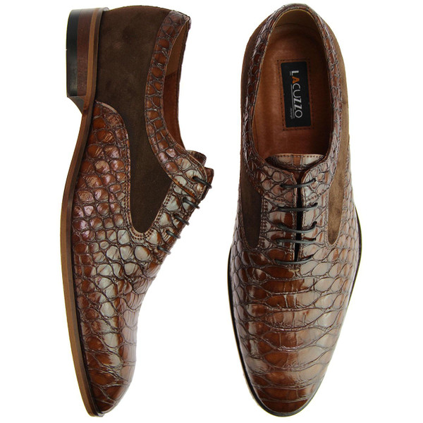 Lacuzzo Retro Mod Croc Stamp Sued Panel Oxford Brogues in Tan Brown Lacuzzo Retro Mod Croc Stamp Sued Panel Oxford Brogues in Tan Brown