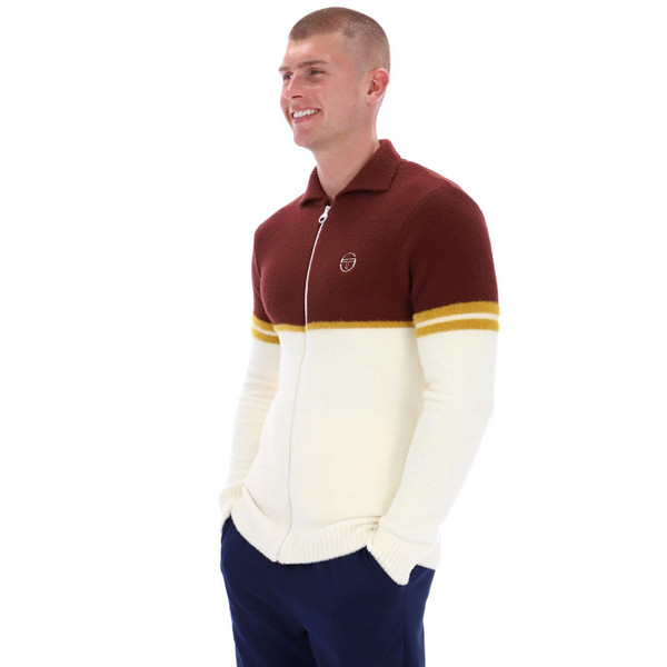 Sergio Tacchini Orion Brushed Knit Retro 70s Track Jacket in Bitter Chocolate pictured on model Sergio Tacchini Orion Brushed Knit Retro 70s Track Jacket in Bitter Chocolate pictured on model