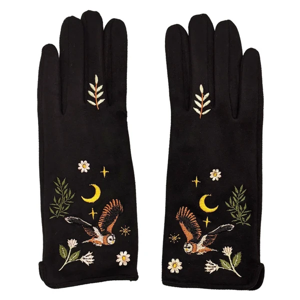 Front of the Secret Garden Retro 70s Black Embroidered Owl Gloves by House of Disaster