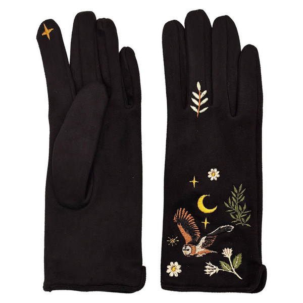 Back and Palm of the Secret Garden Retro 70s Black Embroidered Owl Gloves by House of Disaster