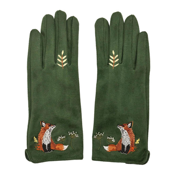 Secret Garden Retro Embroidered Fox Gloves in Green by House of Disaster