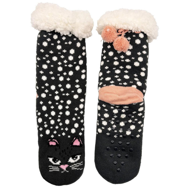 Back View of the Feline Cat Face Cosy Retro Slipper Socks in Black by House of Disaster