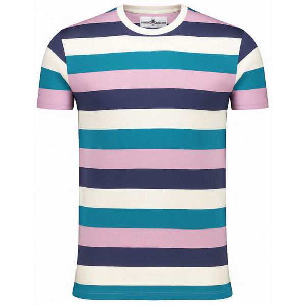 Beatcomber Retro 60s Block Stripe T-shirt in Deep Lake Mix Front View - Short sleeve Crew Neck Retro Tee