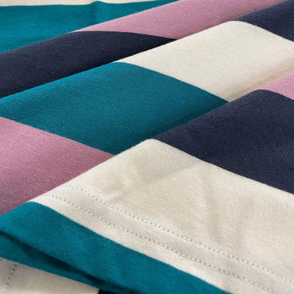 Beatcomber Retro 60s Block Stripe T-shirt in Deep Lake Mix Close up on jersey cotton fabric