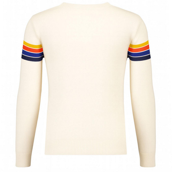Madcap England Jarvis Retro 70s Rainbow Chest Stripe Jumper in Birch Back View