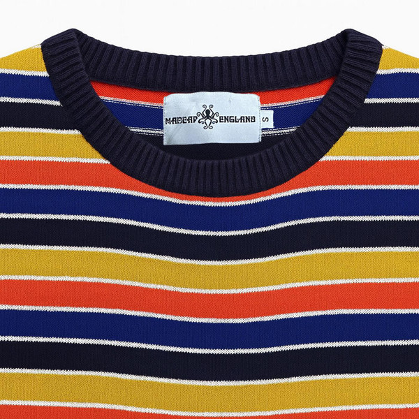 Madcap England Sundown Retro 70s Rainbow Multi Stripe Men's Jumper Collar and Stripe Detail