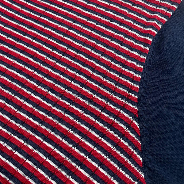 Madcap England Revolution Men's Retro 1970s Textured Ribbed Stripe Jumper Close Up On Shoulder