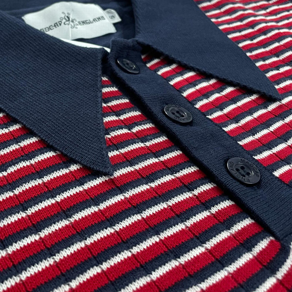Madcap England Harlem Retro 70s Ribbed Stripe Big Collar Polo Shirt Collar and Textured Stripe Close Up