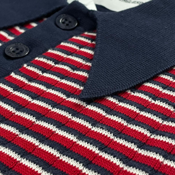 Madcap England Harlem Retro 70s Ribbed Stripe Big Collar Polo Shirt Close Up On Big Collar