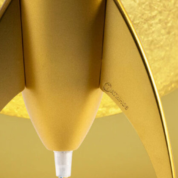 Mathmos Embossed Logo on Leg of Mathmos Telstar Retro Gold Rocket Lava Lamp With Blue/Yellow Lava