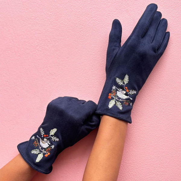 Secret Garden Embroidered Suedette Bird Gloves in Navy by House of Disaster Lifestyle View