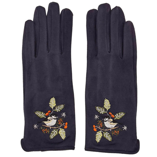 Secret Garden Embroidered Suedette Bird Gloves in Navy by House of Disaster Main View