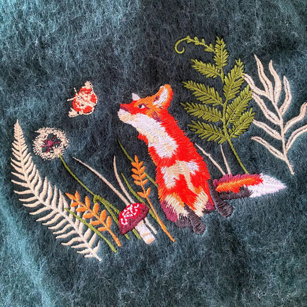 Secret Garden Embroidered Fox Tassel Scarf in Green by House of Disaster - Retro Gifts - Embroidery Detail