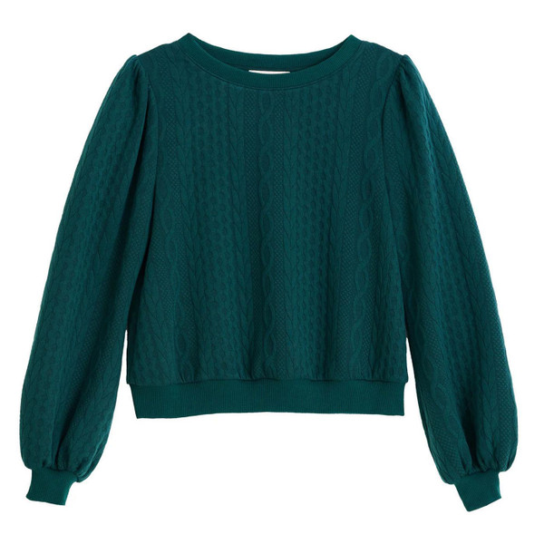Louche Ellie Cable Quilt Puff Sleeved Jumper in Fir Green - Main View