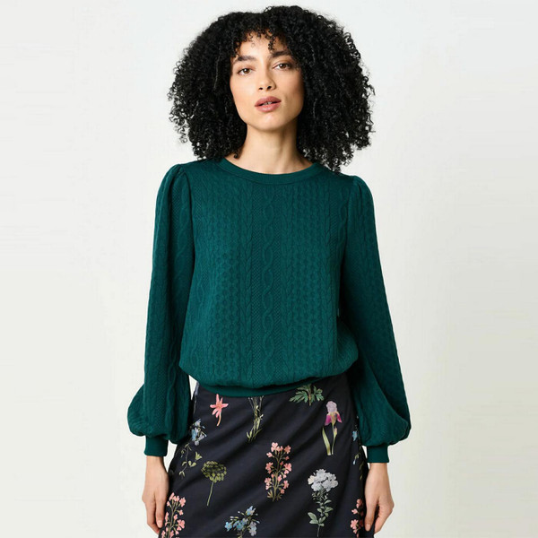 Louche Ellie Cable Quilt Puff Sleeved Jumper in Fir Green - Main View on Model