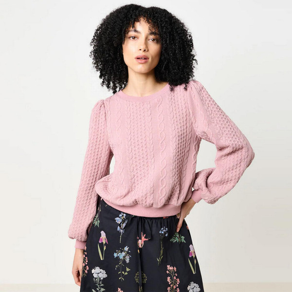 Louche Ellie Retro 70s Cable Quilt Puff Sleeved Jumper in Blush Pink - Main Model View