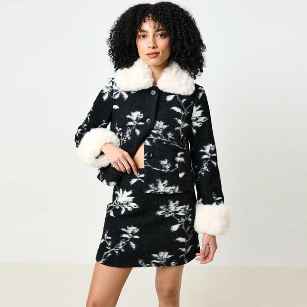Louche Aubin Power Bloom A-lIne Floral Mini Skirt in Black - Full Length View on Model 