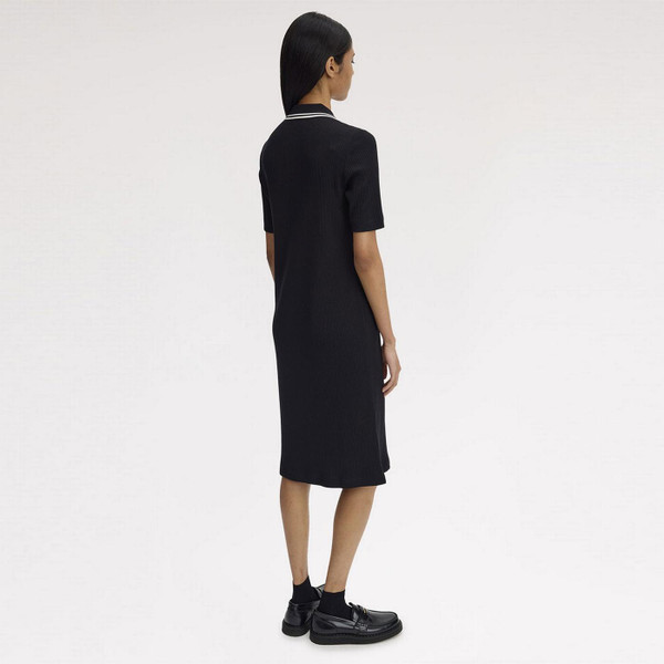 Model Wearing the Fred Perry Twin Tipped Ribbed Polo Dress in Black with White Tipping D2176 102 - Back of Dress