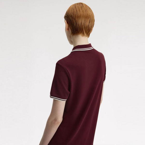 Model Wearing the Fred Perry Twin Tipped Polo Dress in Oxblood with White Tipping D3600 597 - Back View