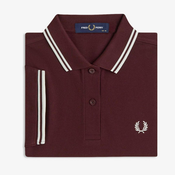 Fred Perry Women's Twin Tipped Pique Polo Shirt in Oxblood an White G3600 597 Folded View