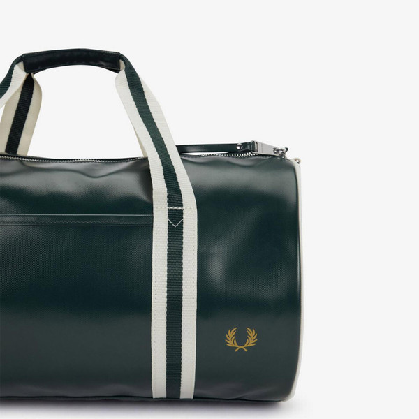 Fred Perry Retro Sports Classic Barrel Bag in Grassroots and Ecru L7255 81A - Close up on Side of Bag
