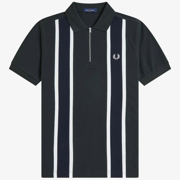 Fred Perry Mod Tramline Stripe Zip Neck Pique Polo Shirt in Night Green M2420 Q20 - Main View