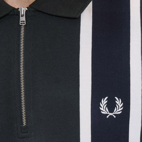 Fred Perry Mod Tramline Stripe Zip Neck Pique Polo Shirt in Night Green M2420 Q20 - Close Up View