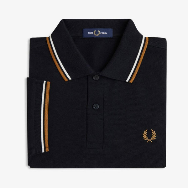 Fred Perry Twin Tipped Polo Shirt in Black, Ecru and Dark Caramel M3600 P69 - Folded View