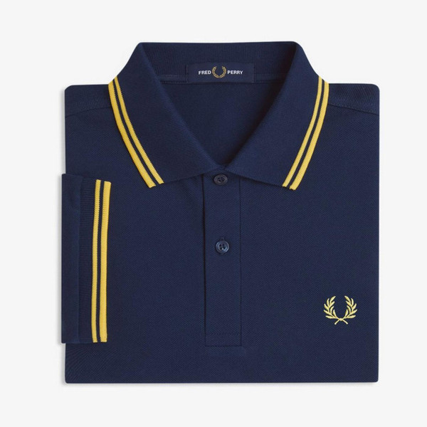 Fred Perry Twin Tipped Pique Polo Shirt in Tennis Blue and Lemon Barley M3600 02B - Folded View