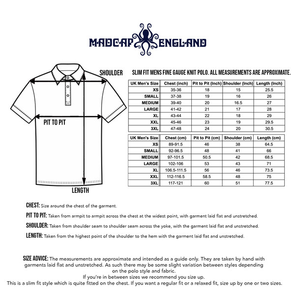 Size and fit info for Madcap England Harlem Retro 70s Ribbed Stripe Knitted Polo Shirt in Potting Soil