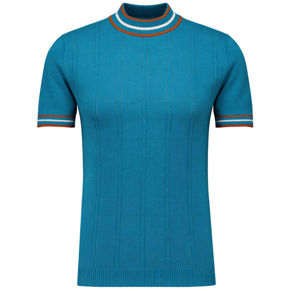Madcap England Wilson Men's 1960s Mod Pointelle Knit Mock Turtleneck T-shirt in Gulf Coast - Main View