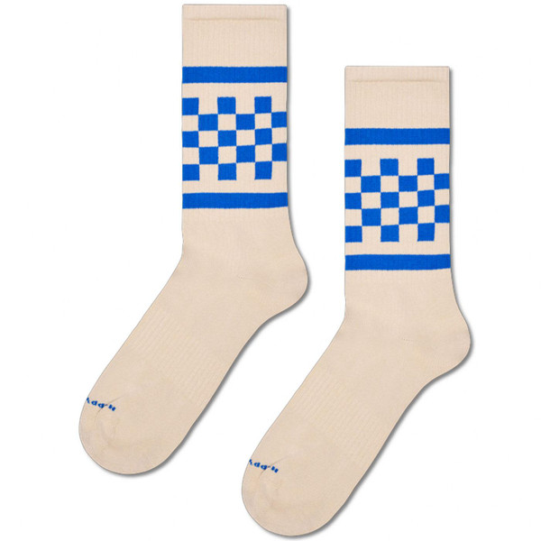 Happy Socks Mens Checkerboard Stripe Sneaker Socks in Ecru/Blue P004735