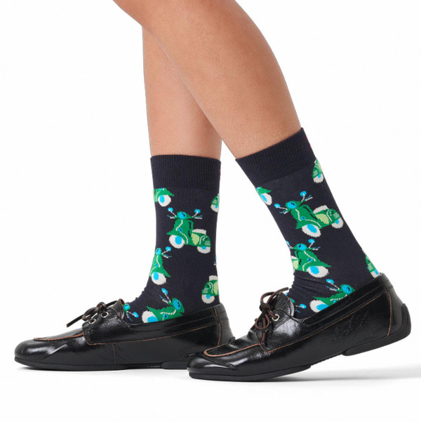 Person wearing Happy Socks Men's Mod Scooter Socks in Navy/Green P004853