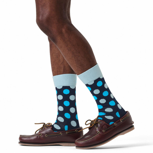 Man wearing Happy Socks Mens Big Dot Socks in Navy/Blue P004631