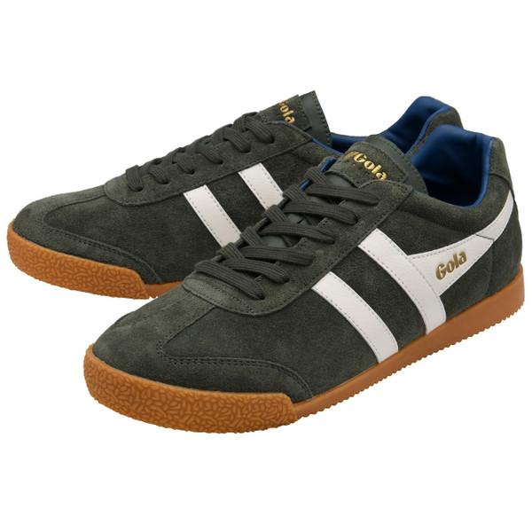 Gola Men's Harrier Suede Trainers in Dark Khaki/Off White CMA192HI Pair Front View