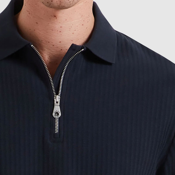 Fabric close up on Farah Vintage Mens Dobson Retro Jacquard Stripe Zip Polo in True Navy