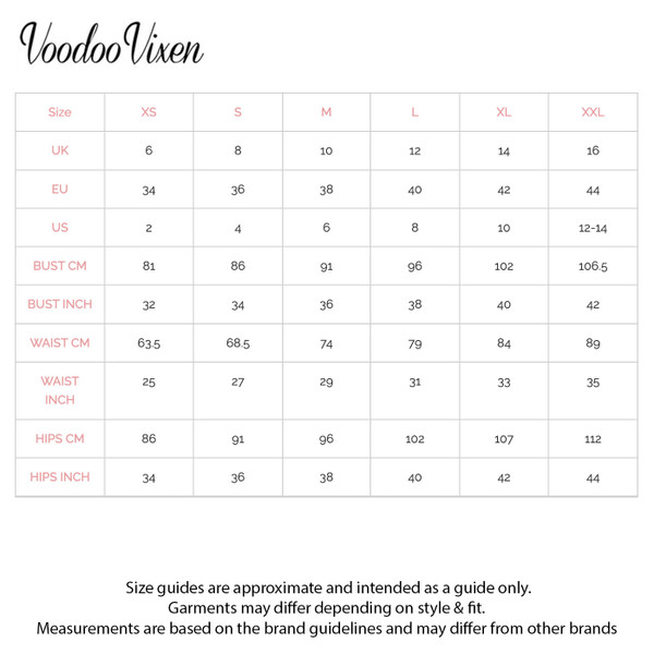 Size & Fit info for Voodoo Vixen Puppy Love Valentines Retro Knit Jumper in Black/Red