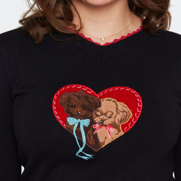 Embroidered Puppy Love Design on Voodoo Vixen Valentines Retro Knit Jumper in Black/Red