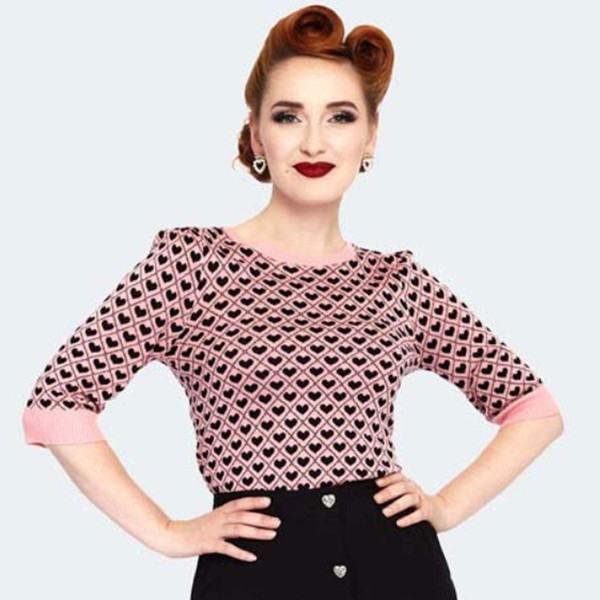 Voodoo Vixen Retro 50s Geometric Heart Pattern 50s Sweater in Pink