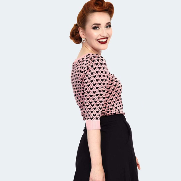 Back of Voodoo Vixen Retro 50s Geometric Heart Pattern 50s Sweater in Pink