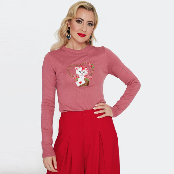 Voodoo Vixen Retro Kitty Love Letter Long Sleeve Jumper in Pink