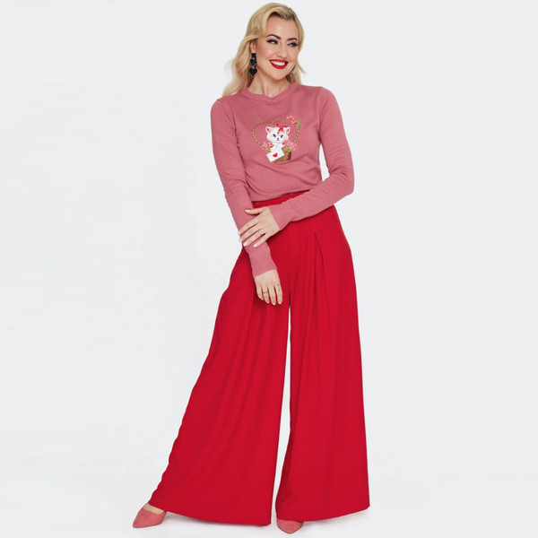 Full length photo of Voodoo Vixen Retro Kitty Love Letter Long Sleeve Jumper in Pink
