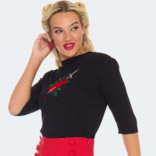 Side view of Voodoo Vixen Heart & Dagger Retro 50s Rockabilly Sweater